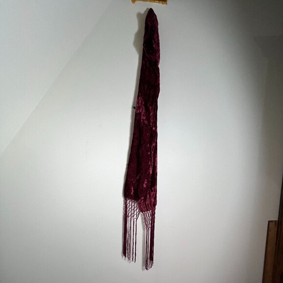 Burgundy Wine Crushed Velvet Scarf with Macrame Fringe, 84" x 5.5" - Picture 4 of 7